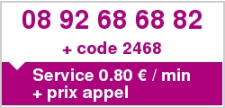 Appeler le 08 92 68 68 82, code 2468. Service 0,80 €/min + prix d'un appel. Facturé sur votre facture téléphonique, sans carte bancaire.